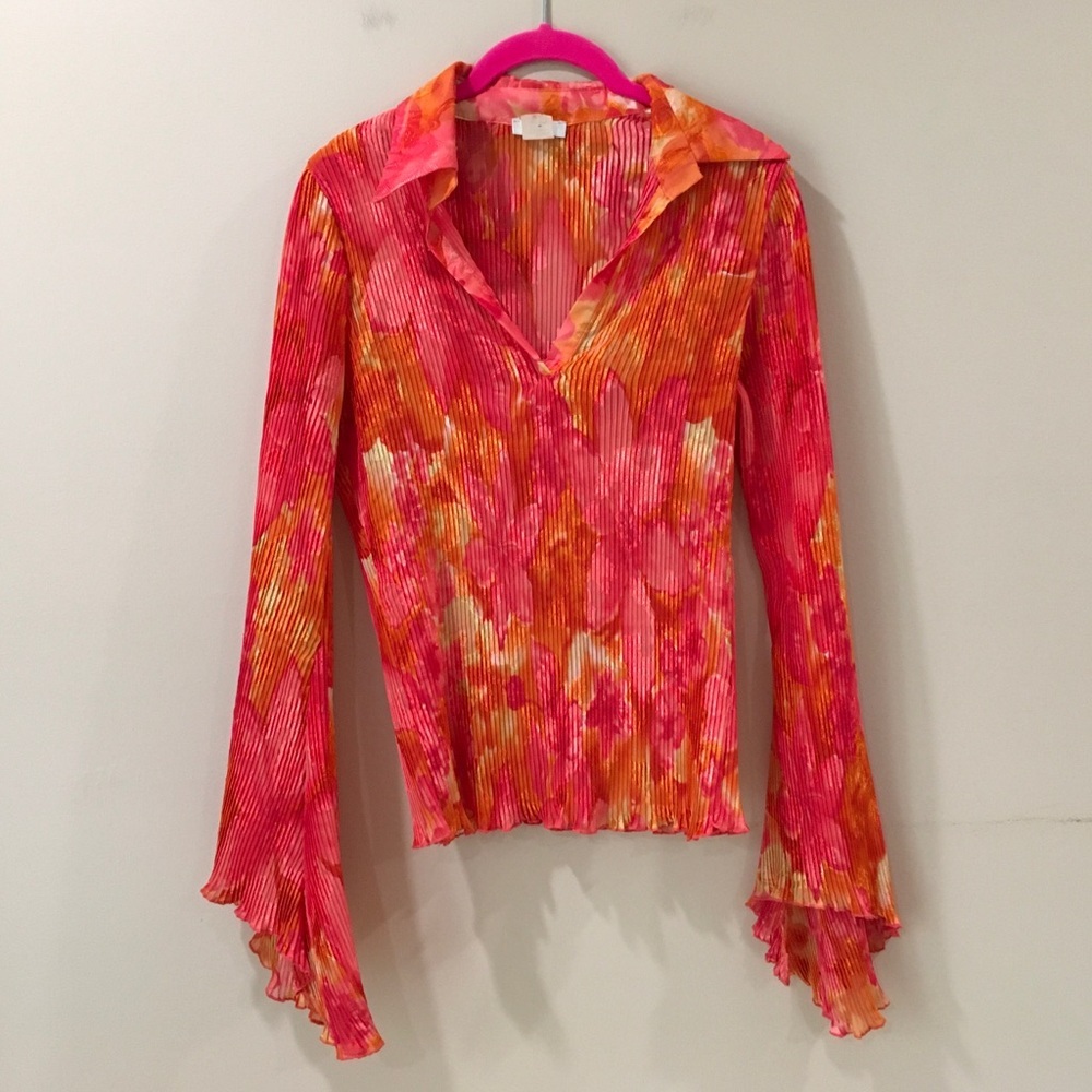 Cache Pink & Orange Pleated Long-Sleeve Blouse